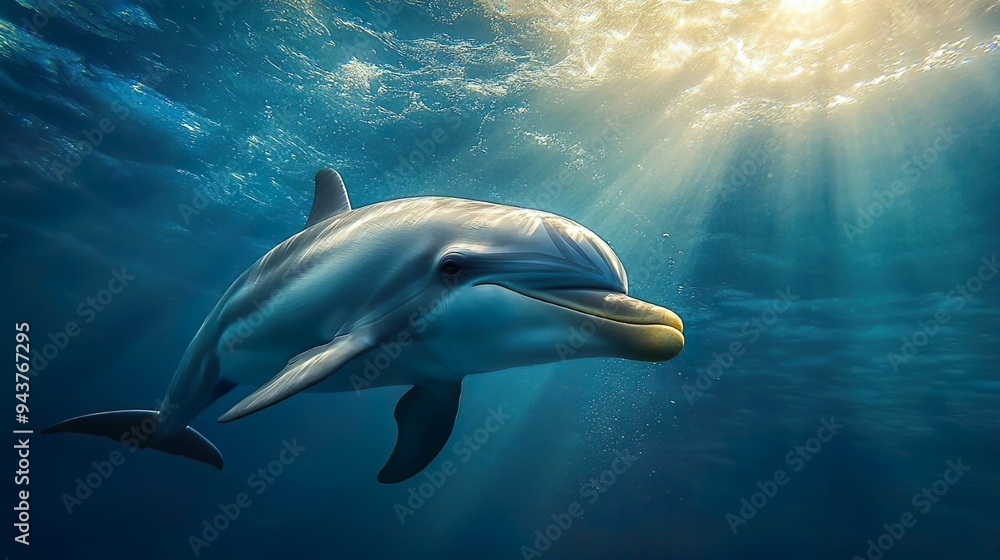 Fototapeta premium Majestic dolphin leaping out of the sea ideal for showcasing the power and elegance of marine animals