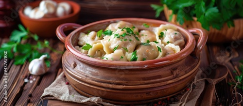 Cooked Russian pelmeni meat dumplings in a clay pot. with copy space image. Place for adding text or design photo