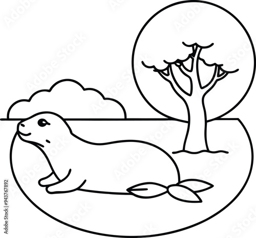 Seal and beach tree line art coloring page for kids book perfect for relaxing creativity
