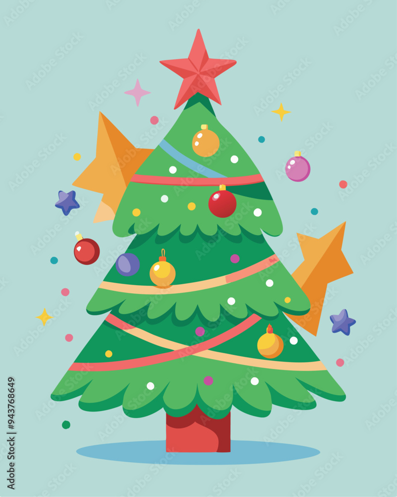 A Christmas tree being decorated with stars and ribbons illustration A Christmas tree being decorated with stars and ribbons illustration