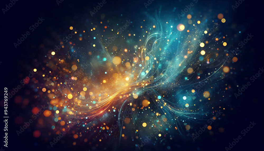 A vibrant abstract background featuring a blend of soft blue and gold tones illuminated by glimmering bokeh effects. Sparkling particles create a sense of golden and blue lights A vibrant abstract background featuring a blend of soft blue and gold tones illuminated by glimmering bokeh effects. Sparkling particles create a sense of golden and blue lights