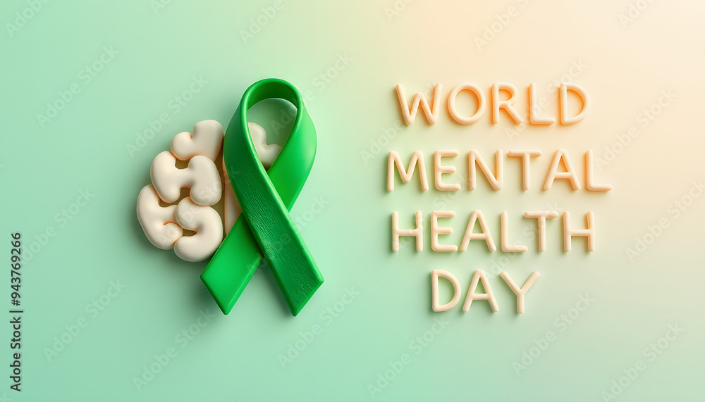 World mental health day concept. Green awareness ribbon and brain ...