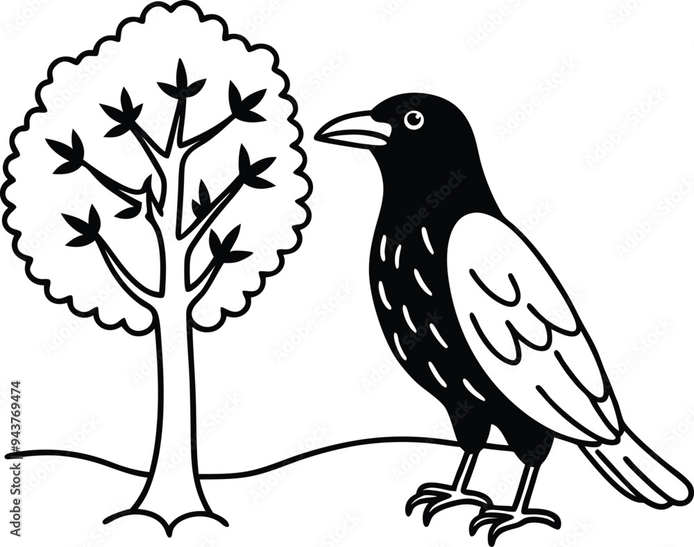 Delightful raven and tree line art illustration ideal for children’s coloring book and artistic play
Delightful raven and tree line art illustration ideal for children’s coloring book and artistic play