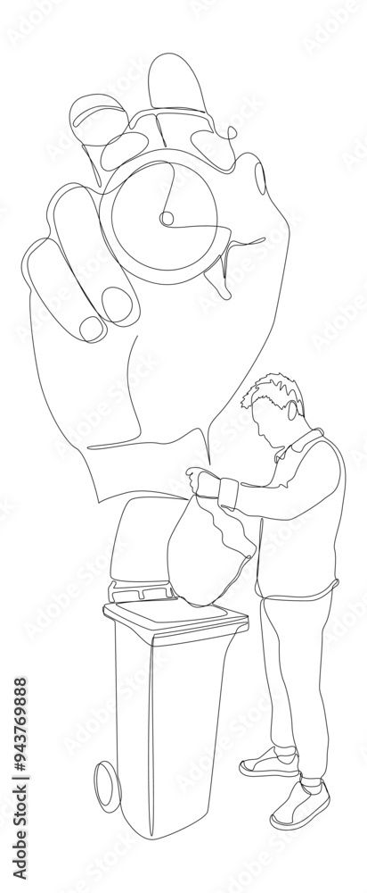 One continuous line of alarm clock and man with Garbage Bin. Thin Line Illustration vector concept. Contour Drawing Creative ideas. One continuous line of alarm clock and man with Garbage Bin. Thin Line Illustration vector concept. Contour Drawing Creative ideas.