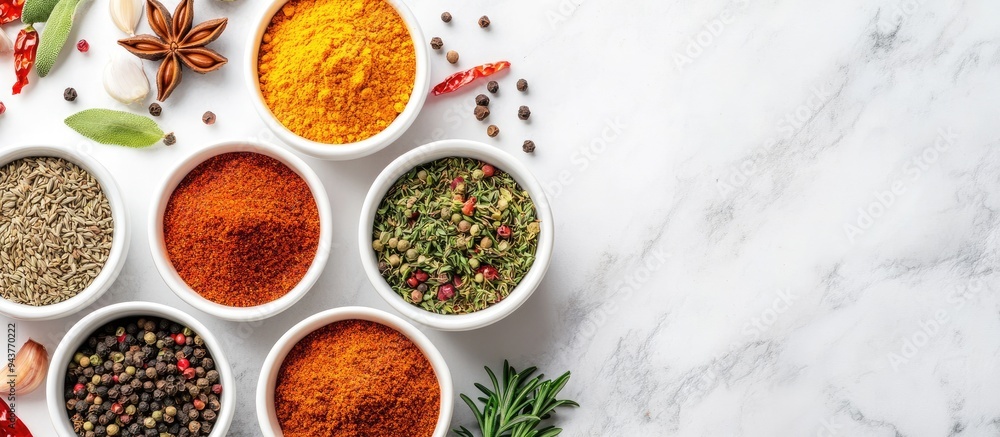 Various spices in bowls on a white background Top view with copyspace Various spices in bowls on a white background Top view with copyspace