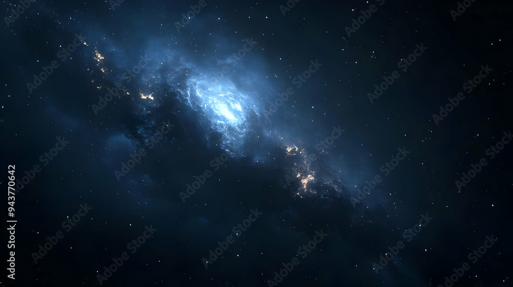 A swirling blue galaxy with a bright core and scattered stars. A swirling blue galaxy with a bright core and scattered stars.