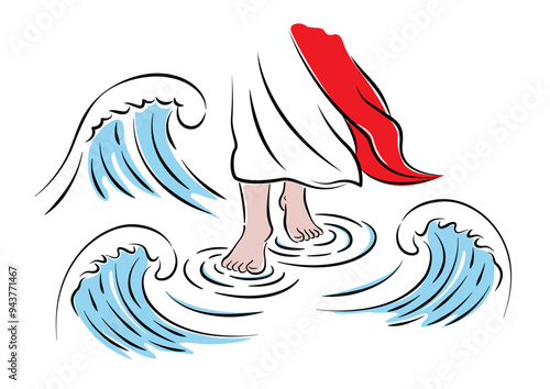 Jesus, dressed in flowing robes, walks on the surface of the Sea of Galilee