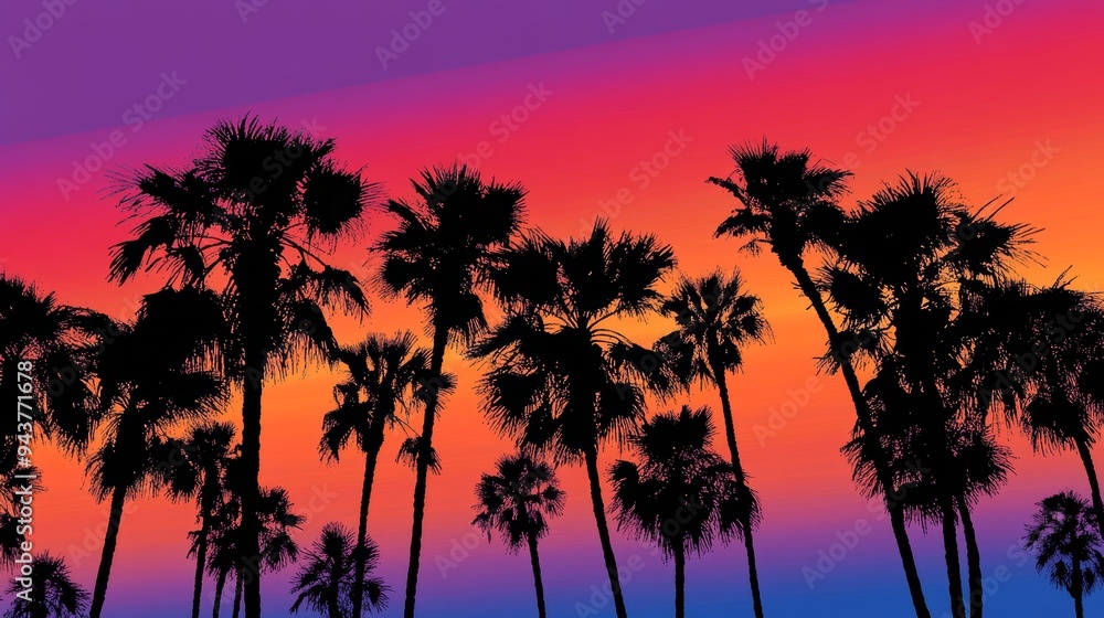 At dusk, tall palm trees silhouetted against the sky, creating a tranquil oasis in Los Angeles Stock At dusk, tall palm trees silhouetted against the sky, creating a tranquil oasis in Los Angeles Stock