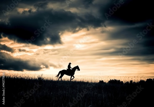 A silhouette of a cowboy riding a horse against a sunset sky, shot with a fisheye lens during golden hour, in Western style