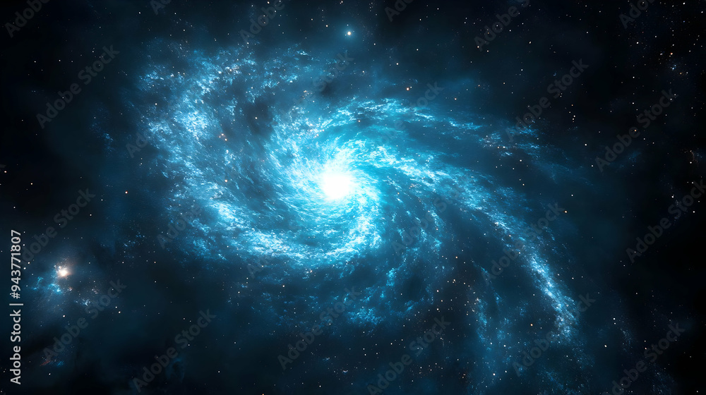 A swirling blue nebula with a bright center and scattered stars. A swirling blue nebula with a bright center and scattered stars.