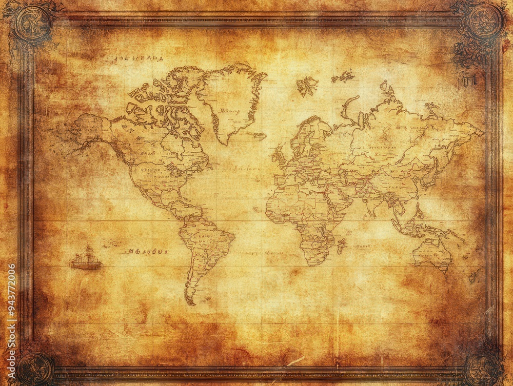 Fototapeta premium Vintage World Map with Ornate Frame - Antique Travel and Exploration Background.