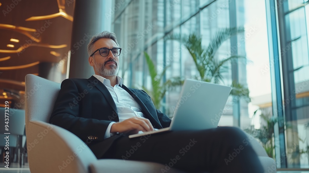 Fototapeta premium Professional man working on laptop in modern office with large windows during daylight hours