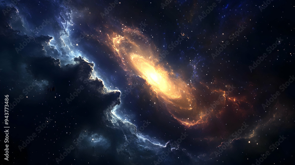 A swirling galaxy of yellow, orange, and white dust and gas is seen in the distance, with a blue nebula in the foreground. A swirling galaxy of yellow, orange, and white dust and gas is seen in the distance, with a blue nebula in the foreground.