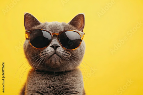 Closeup portrait of a furry gray British cat wearing fashion sunglasses. Funny pet on a bright yellow background. Kitten in eyeglasses. Cool animal concept with copy space for fashion and style. photo