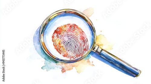 Watercolor illustration of a single magnifying glass over a fingerprint, isolated on white background, symbolizing the detection of identity fraud, with ample copy space