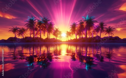 Background with palm trees, water, and red light rays in neon synthwave style