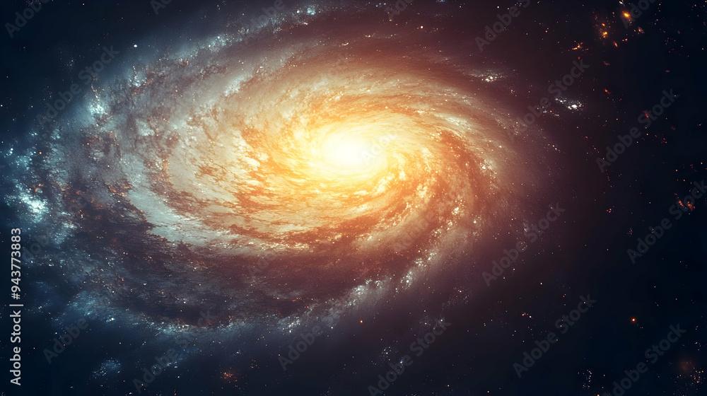 A swirling galaxy with a bright center and scattered stars in a dark blue space. A swirling galaxy with a bright center and scattered stars in a dark blue space.
