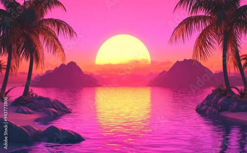 Stock image of neon synthwave background with palm trees, water, and red light rays