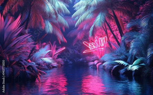 Red and pink neon background with palm trees and neon blue light rays, reflection of water, dark night, dark landscape, dark art, retro poster style, 1980s