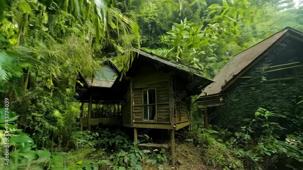 Exploring a serene rainforest retreat surrounded by lush greenery and tropical plants in a remote location Exploring a serene rainforest retreat surrounded by lush greenery and tropical plants in a remote location