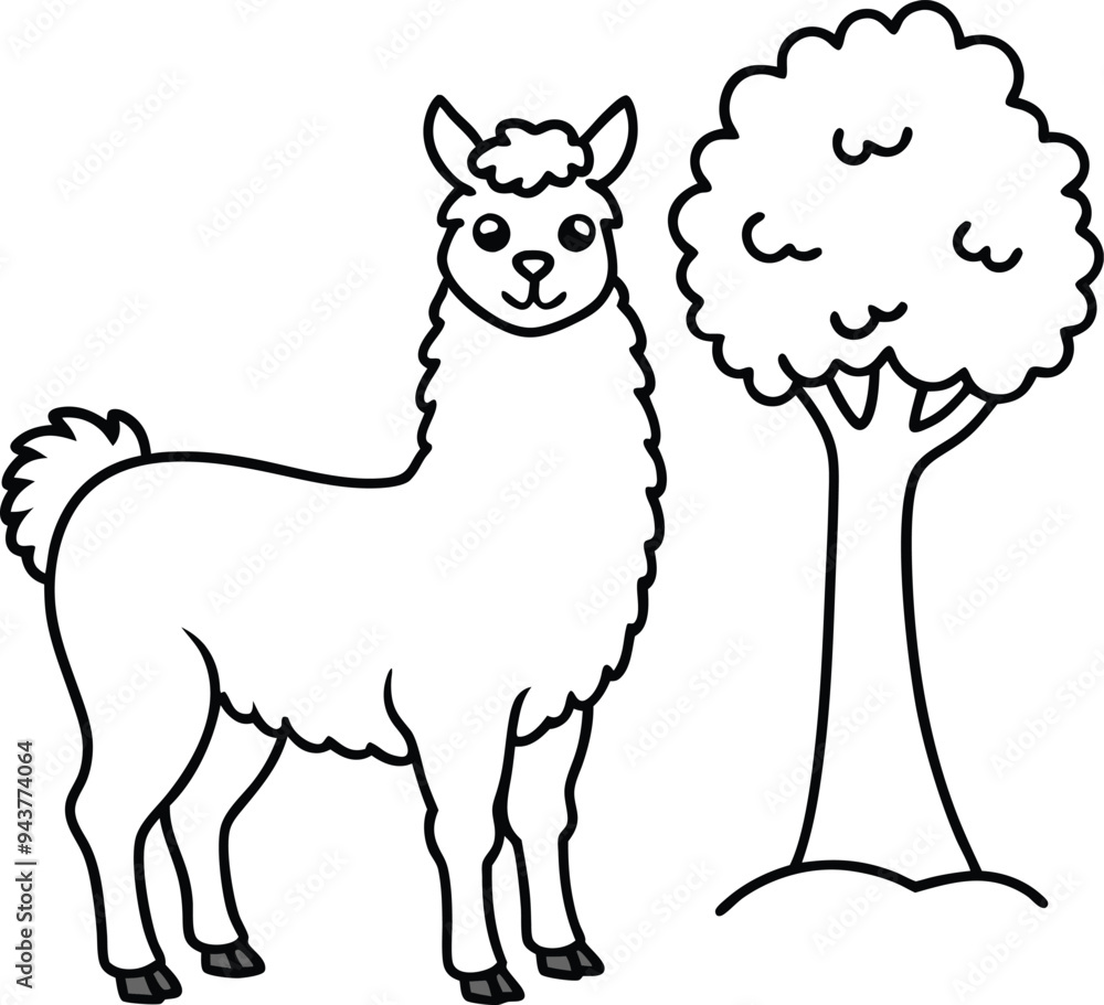 Cute llama with a slight smile perfect for kids' coloring books fun line art for young artists
Cute llama with a slight smile perfect for kids' coloring books fun line art for young artists