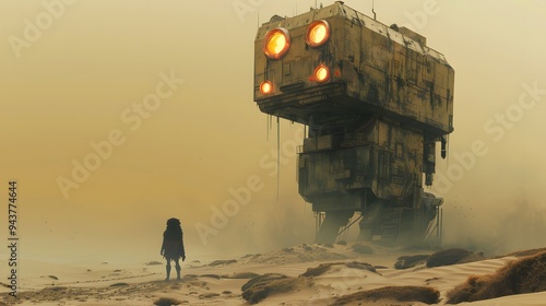 Fototapeta Naklejka Na Ścianę i Meble -  A lone figure stares at a mysterious abandoned spacecraft in a desolate desert landscape.