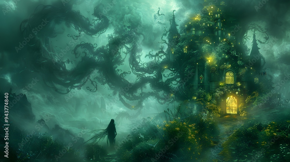 Fototapeta premium Enchanting Foggy Castle with Mysterious Figure.