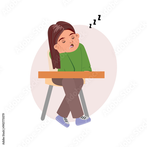 Sleepy little girl slumped over her school desk, feeling unwell and unable to concentrate in class