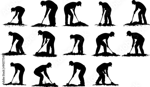 silhouette illustration set of man digging the ground