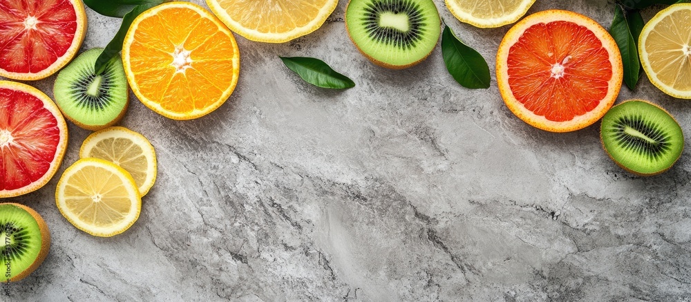 Healthy Food Background Sliced fruits on a gray stone surface including citrus orange lemon kiwi and green leaves Raw food diet. with copy space image. Place for adding text or design Healthy Food Background Sliced fruits on a gray stone surface including citrus orange lemon kiwi and green leaves Raw food diet. with copy space image. Place for adding text or design