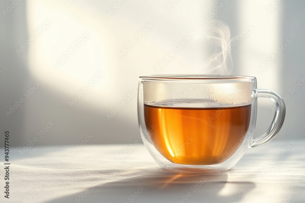 A clear glass cup filled with steaming tea sits on a sunlit table, evoking warmth and relaxation. Perfect for moments of calm and reflection. Generated AI A clear glass cup filled with steaming tea sits on a sunlit table, evoking warmth and relaxation. Perfect for moments of calm and reflection. Generated AI