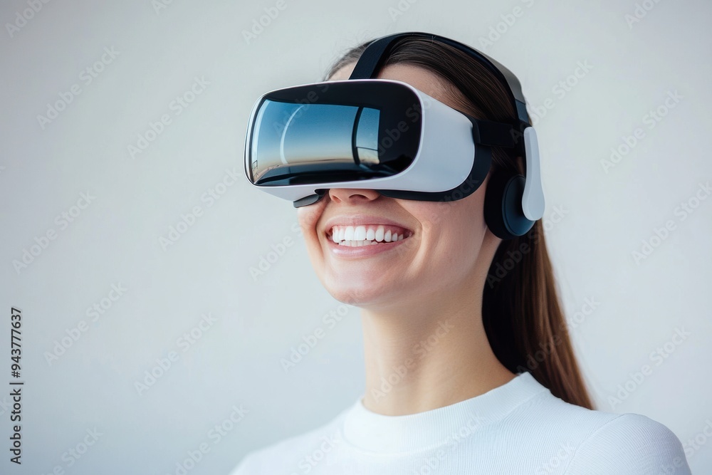 A cheerful woman enjoying a virtual reality experience, wearing a VR headset, conveying excitement and futuristic technology concepts. Generated AI A cheerful woman enjoying a virtual reality experience, wearing a VR headset, conveying excitement and futuristic technology concepts. Generated AI
