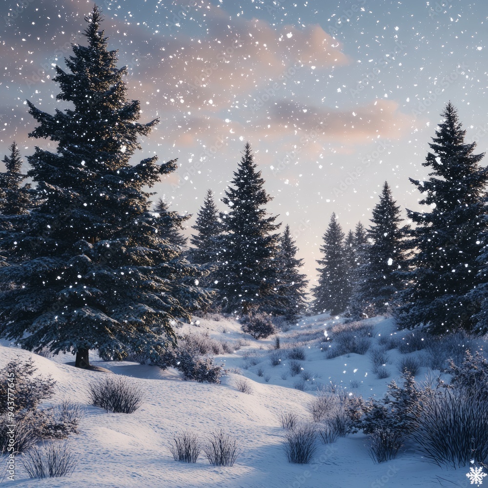 Serene winter landscape featuring snow-covered pine trees and a snowy path, gently falling snowflakes, and a tranquil atmosphere Serene winter landscape featuring snow-covered pine trees and a snowy path, gently falling snowflakes, and a tranquil atmosphere