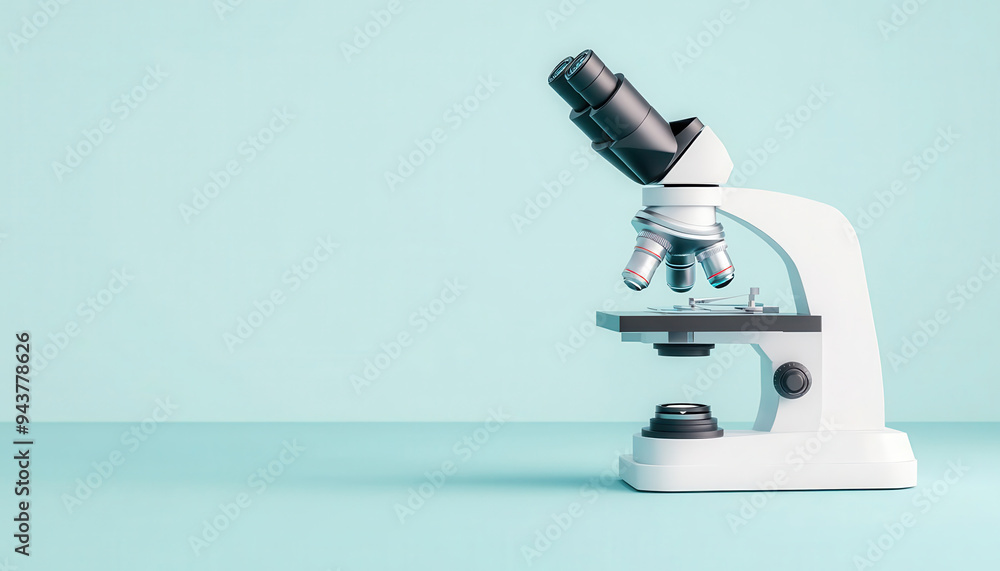 Microscope in futuristic lab, holographic data display, 3D illustration Microscope in futuristic lab, holographic data display, 3D illustration