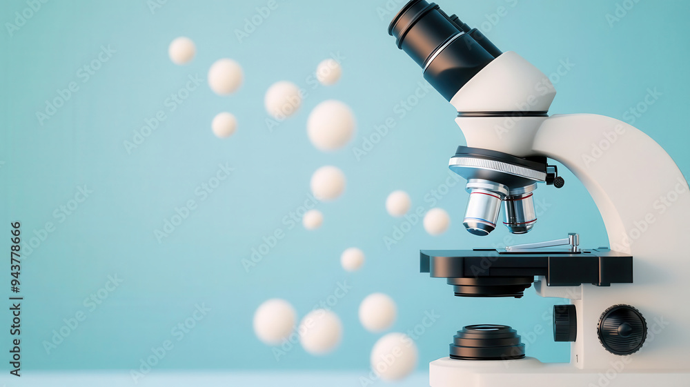 Microscope observing fungi spores, spore dispersal process, 3D illustration Microscope observing fungi spores, spore dispersal process, 3D illustration