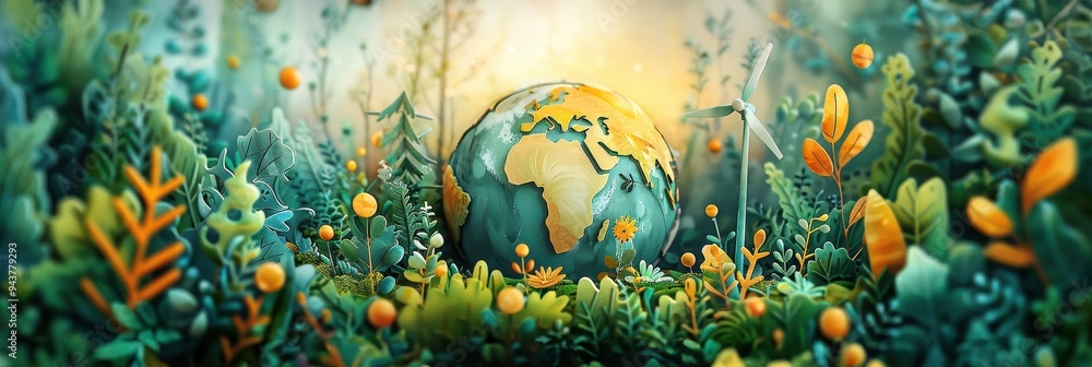 Fototapeta premium Nature illustration of Earth surrounded by vibrant plants and flowers, depicting a healthy environment and ecological balance.