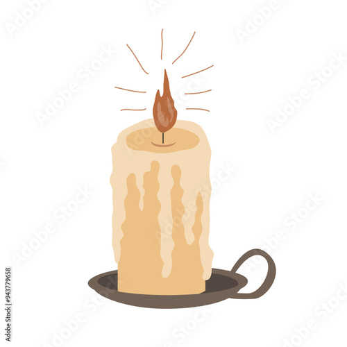 Flaming candle in a bronze or ceramic candle holder, Vector illustration isolated on a white background. Design element for cozy decor, holiday designs, or hygge relaxation themes