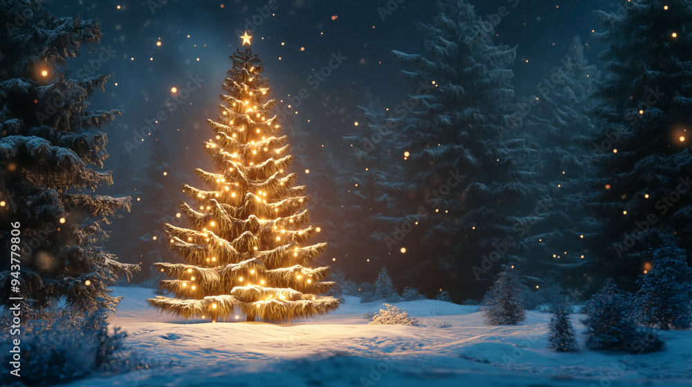 Beautifully lit Christmas tree glowing brightly in a snowy forest under a peaceful starry night sky. Beautifully lit Christmas tree glowing brightly in a snowy forest under a peaceful starry night sky.