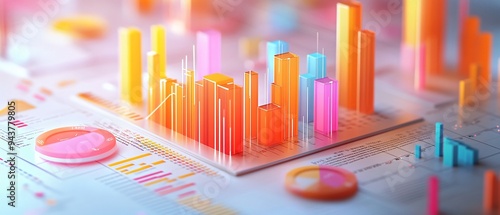 Analyzing Financial Performance 3D Income Statement Model with Bar Charts and Pie Charts Displaying Gross Profit, Operating Income, and Net Profit