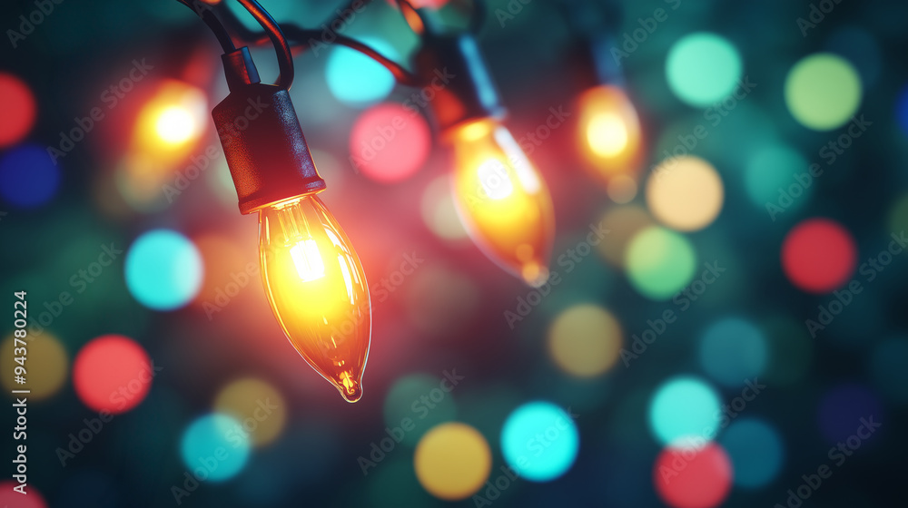 Close-up of glowing string lights with colorful bokeh background, creating a festive and warm atmosphere. Close-up of glowing string lights with colorful bokeh background, creating a festive and warm atmosphere.