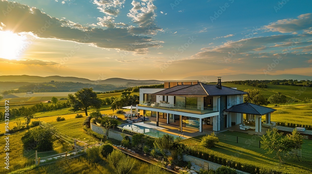 Elegant countryside house with manicured lawns and a scenic landscape, surrounded by lush greenery at sunset