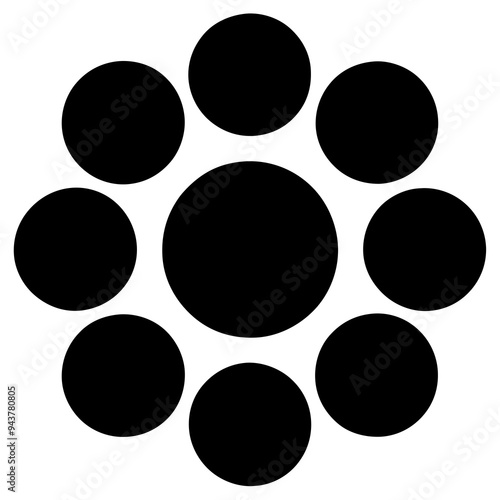 Nine black circles of varying sizes arranged in a cluster on a white background