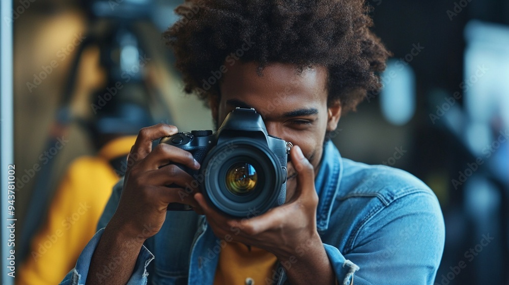 Passionate photographer captures moment with professional DSLR camera, showcasing creativity and skill in vibrant studio setting with soft focus background. Passionate photographer captures moment with professional DSLR camera, showcasing creativity and skill in vibrant studio setting with soft focus background.