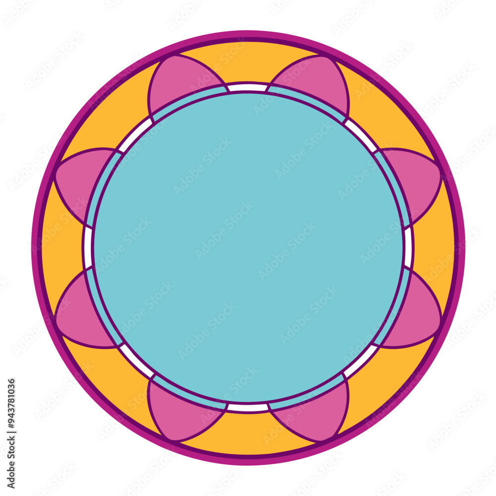 Obraz premium Circular illustration with blue center, surrounded by a ring of pink and yellow petal-like shapes