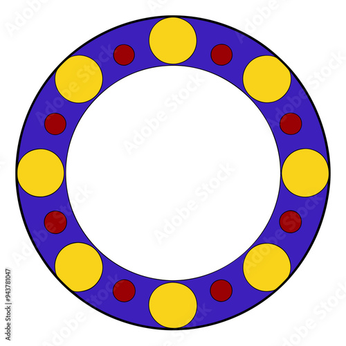 A blue circular ring with alternating yellow and red dots on the perimeter against a white background