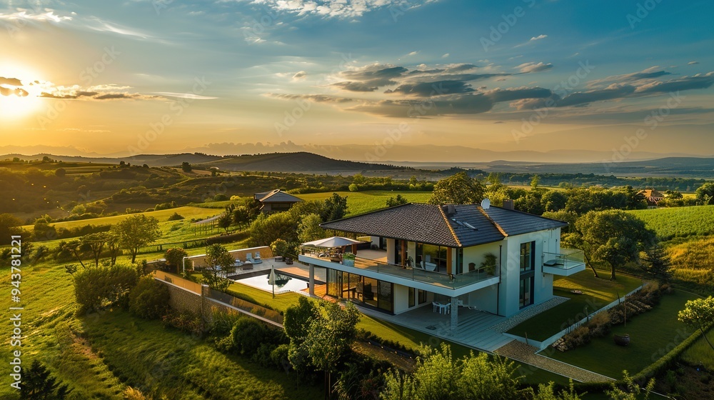 Fototapeta premium Modern luxury house with a swimming pool and landscaped garden, set in a picturesque rural landscape during sunset