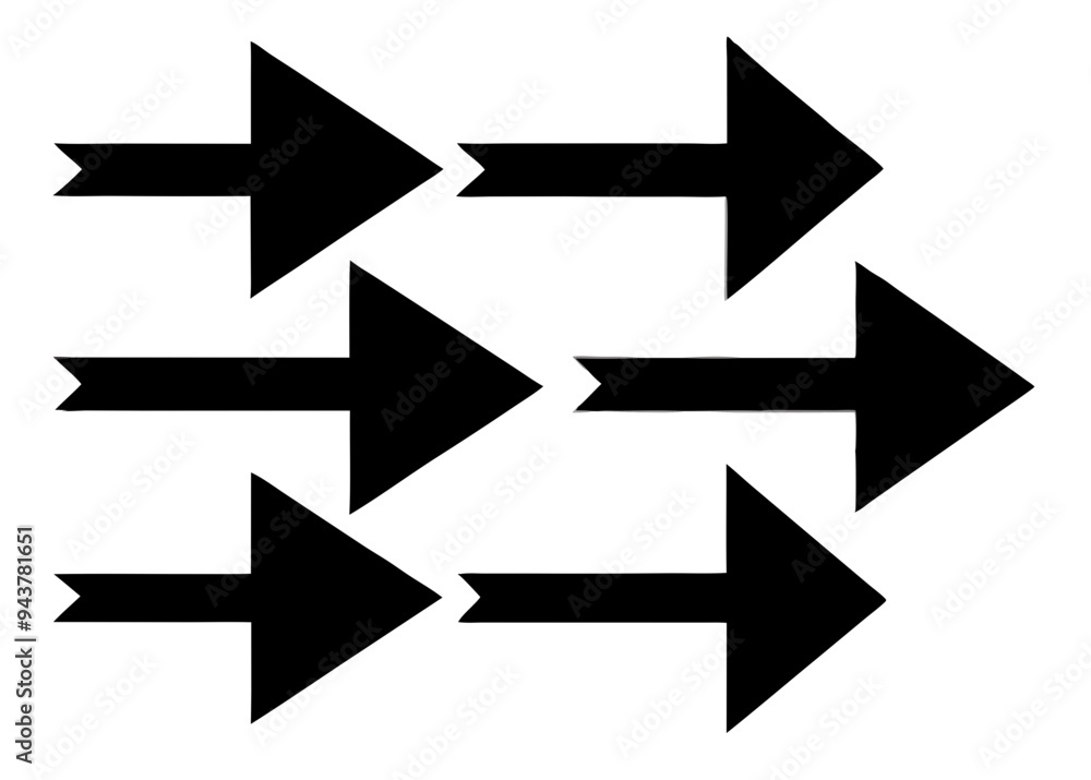 A cluster of six bold black arrows pointing right, arranged in different orientations and sizes to suggest movement or direction A cluster of six bold black arrows pointing right, arranged in different orientations and sizes to suggest movement or direction