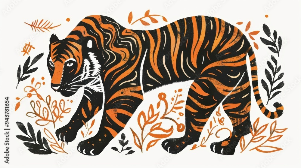 leopard linocut set with botanical plant, tiger lino cut style. Hand drawn sketch of stylized jaguar for print. leopard linocut set with botanical plant, tiger lino cut style. Hand drawn sketch of stylized jaguar for print.