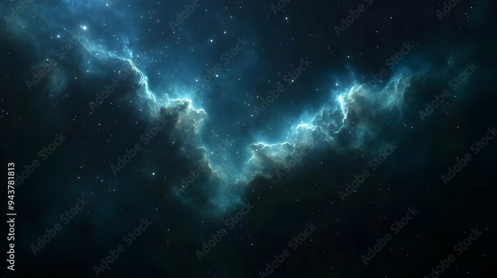 A vast, dark expanse of space with glowing blue nebulae and scattered stars. A vast, dark expanse of space with glowing blue nebulae and scattered stars.