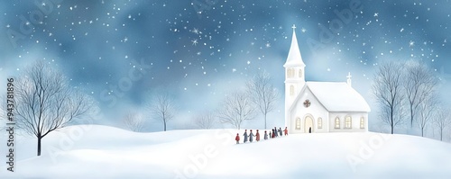 Snow-covered church with a Christmas Eve service, people gathering outside, watercolor captures the serene and cold night, Christmas Eve, community faith